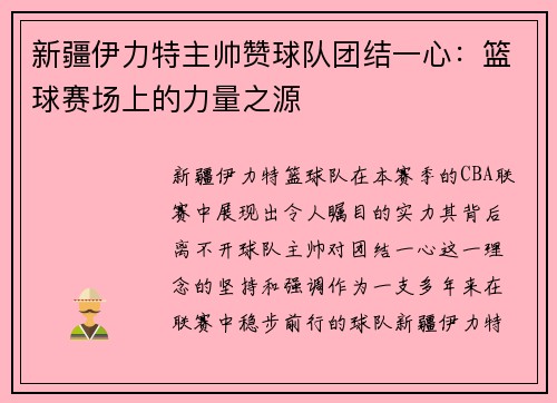 新疆伊力特主帅赞球队团结一心：篮球赛场上的力量之源