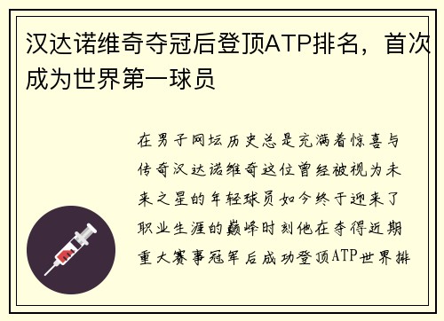 汉达诺维奇夺冠后登顶ATP排名，首次成为世界第一球员