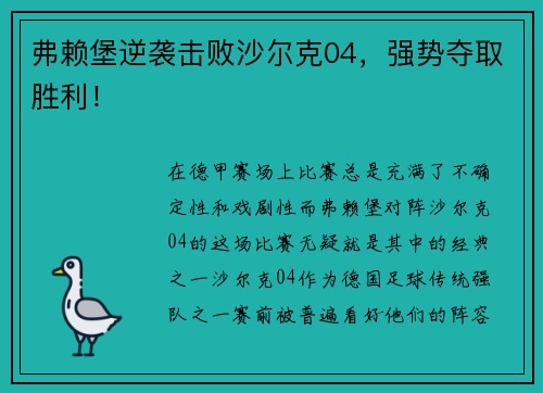 弗赖堡逆袭击败沙尔克04，强势夺取胜利！