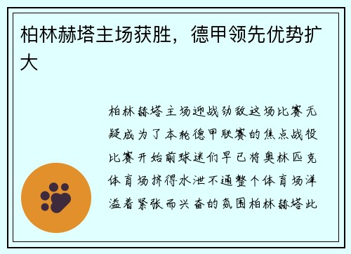 柏林赫塔主场获胜，德甲领先优势扩大