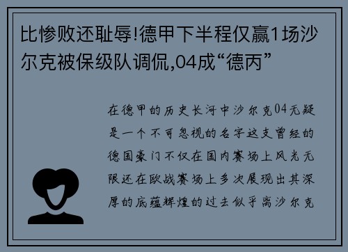 比惨败还耻辱!德甲下半程仅赢1场沙尔克被保级队调侃,04成“德丙”