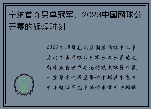 辛纳首夺男单冠军，2023中国网球公开赛的辉煌时刻
